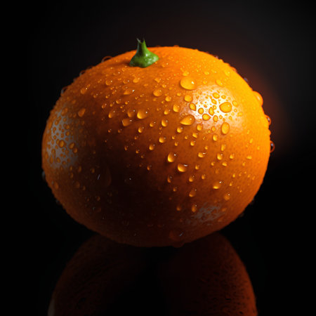 Tangerine with water drops on a black background. Close up.の素材