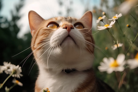 Cute cat on the background of daisies in the gardenの素材