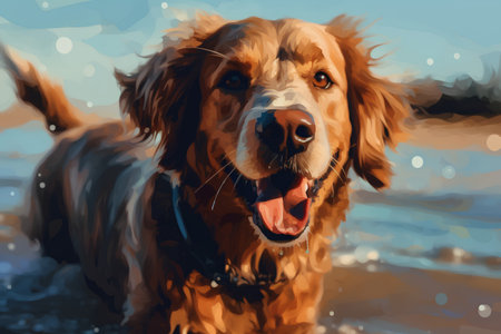 Portrait of a dog on a background of the sea. Digital painting.の素材