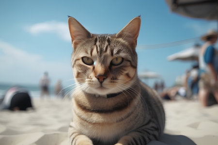 Cute cat on the beach looking at the sea in summer timeの素材