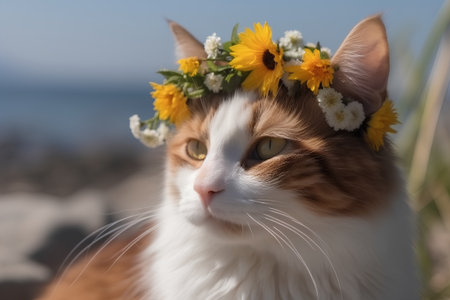 Cat with a wreath of flowers on his head on the beachの素材