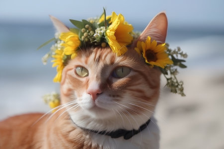 Orange cat wearing a wreath of sunflowers on the beachの素材