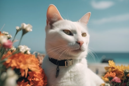 White cat with flowers on the background of the sea and blue skyの素材