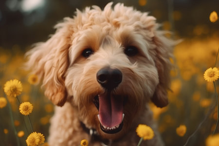 Australian Labradoodle in the field of yellow dandelions.の素材