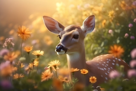 Beautiful fawn in the meadow with flowers at sunset.の素材