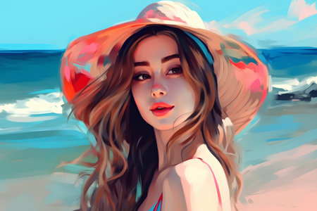 Beautiful girl in a hat on the beach. Vector illustration.の素材