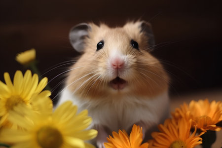 Hamster and chamomile flowers on a dark brown backgroundの素材