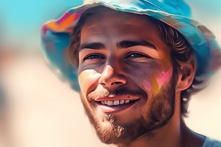 Portrait of a young man with colorful paint on his face.の素材