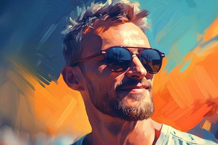 Portrait of a handsome young man with beard and sunglasses on colorful background.の素材