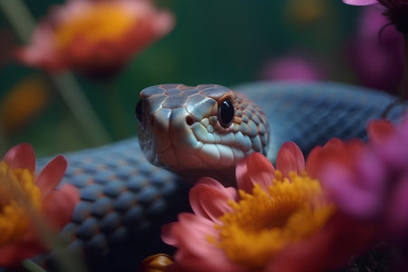 Close-up of a cobra snake on a flower background.の素材