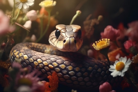 Close up of a cobra snake with flowers in the background.の素材