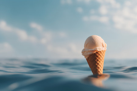 Ice cream in a waffle cone floating in the sea. Selective focus.の素材