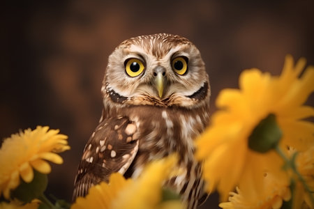 Little owl with yellow daisies in front of a dark backgroundの素材