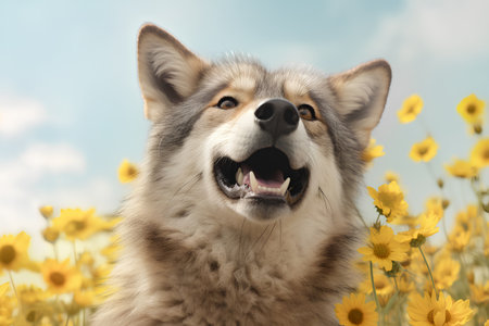 Alaskan Malamute in the field with yellow flowers.の素材