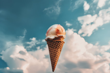 ice cream cone on the blue sky background, vintage color tone.の素材
