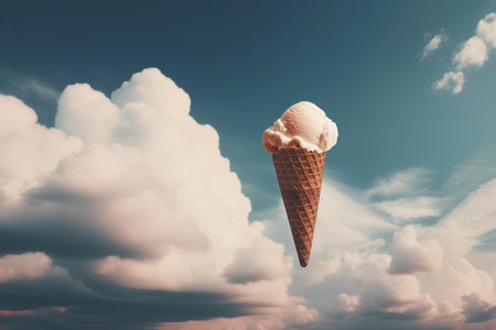 Ice cream cone on blue sky background with clouds, vintage tonedの素材