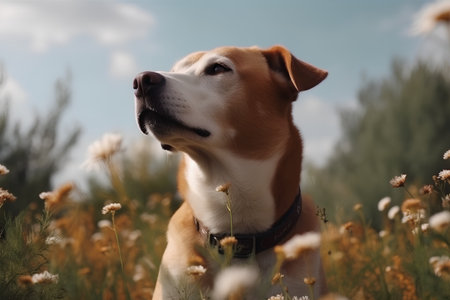 Portrait of a dog sitting in a field of daisiesの素材
