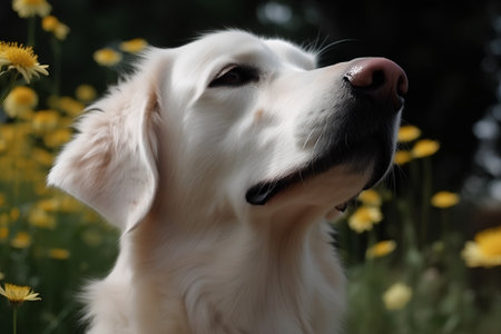 Portrait of a golden retriever with yellow flowers in the backgroundの素材