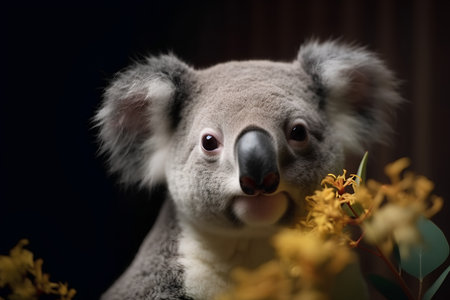 Cute koala holding a bouquet of flowers on black backgroundの素材