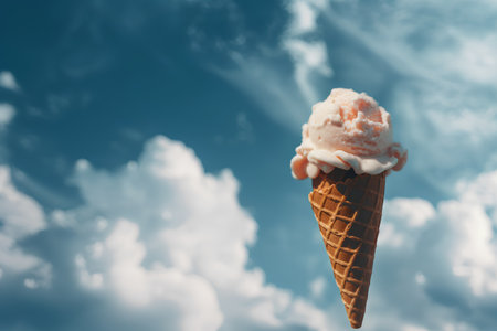 Ice cream cone on blue sky with clouds background. Summer concept.の素材