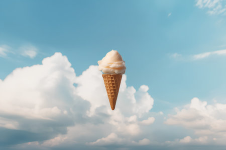 Ice cream in a waffle cone on a background of blue sky with cloudsの素材