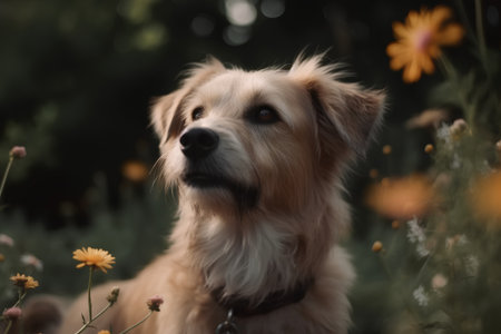 portrait of a mixed breed dog in a field of daisiesの素材