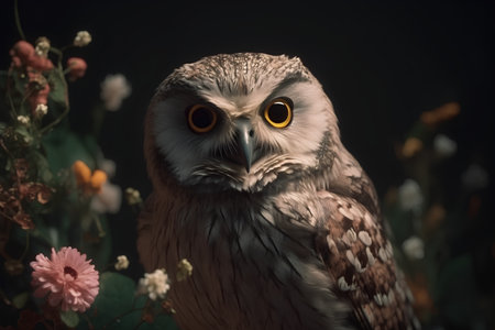 Portrait of a beautiful owl in a dark room with flowers.の素材