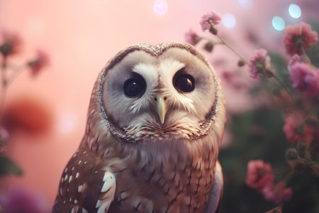 Portrait of a beautiful owl on a background of pink flowers.の素材