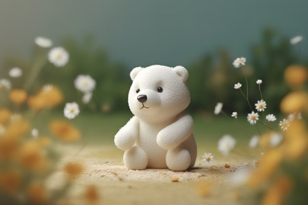 White teddy bear with daisies and green grass in the backgroundの素材