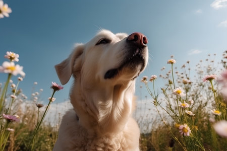 Golden Retriever in the field with daisies and blue skyの素材