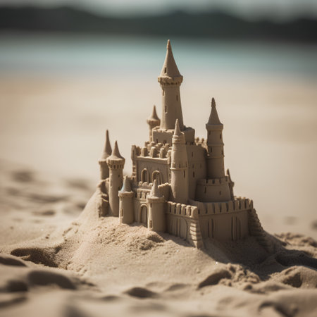 Sandcastle on the beach with retro filter effect and shallow depth of fieldの素材