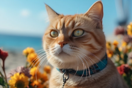 ginger cat on a background of flowers on the seashoreの素材