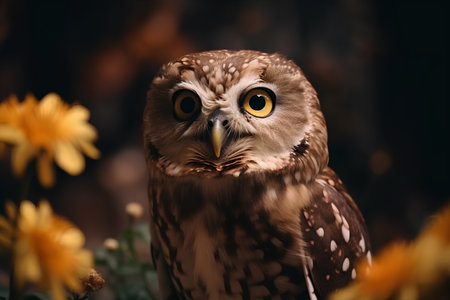 Beautiful owl on a dark background with yellow flowers in the forestの素材