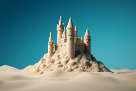 Sandcastle on the beach. 3d render illustration on blue backgroundの素材
