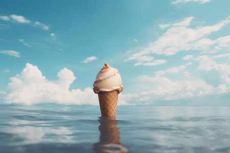 Ice cream in a waffle cone on the surface of the waterの素材