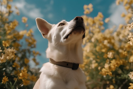 Portrait of a white dog on a background of yellow flowers.の素材