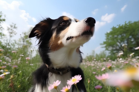 Portrait of australian shepherd dog on the flower meadowの素材