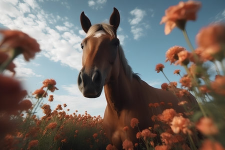 Horse in the meadow with red flowers. 3d renderの素材