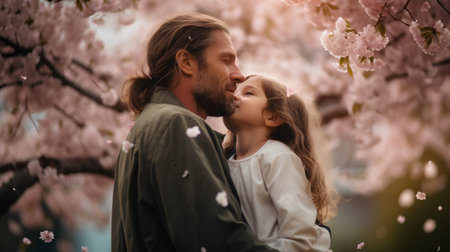 Cute little girl kissing her father while standing in blooming cherry tree gardenの素材