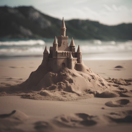 Sandcastle on the beach. Conceptual image of travel and vacationの素材