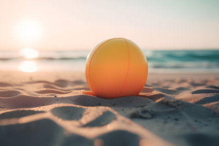 Rugby ball on the beach at sunset. Selective focus.の素材