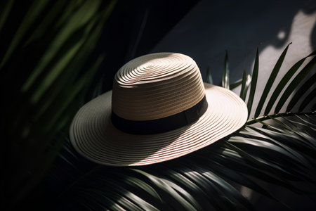 Straw hat and palm leaves on a dark background. Toned.の素材