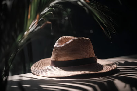 straw hat on a table in a dark room with palm leavesの素材