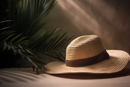 Straw hat with palm leaves on a brown background. Selective focus.の素材