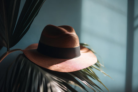 Straw hat on a palm leaf in a room with sunlight.の素材