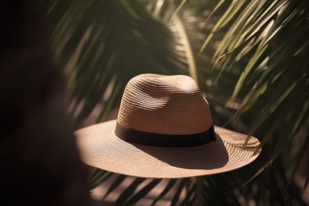 Summer hat on palm tree background. Boho style. Selective focus.の素材