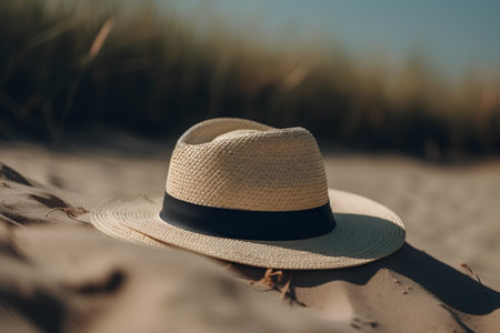 Straw hat on the sand at the beach. Summer vacation concept.の素材