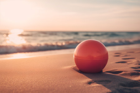 Red ball on the beach at sunset. Vacation and travel conceptの素材