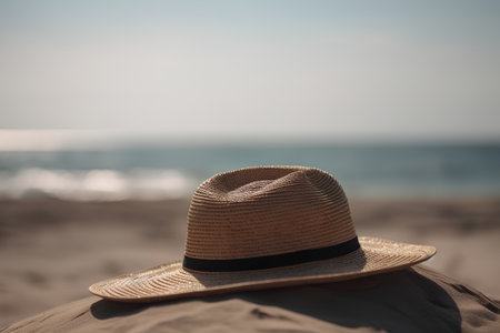 Straw hat on the beach. Vacation and travel concept.の素材
