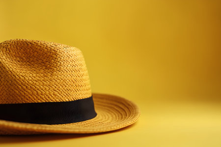 Summer straw hat on yellow background with copy space for your text.の素材